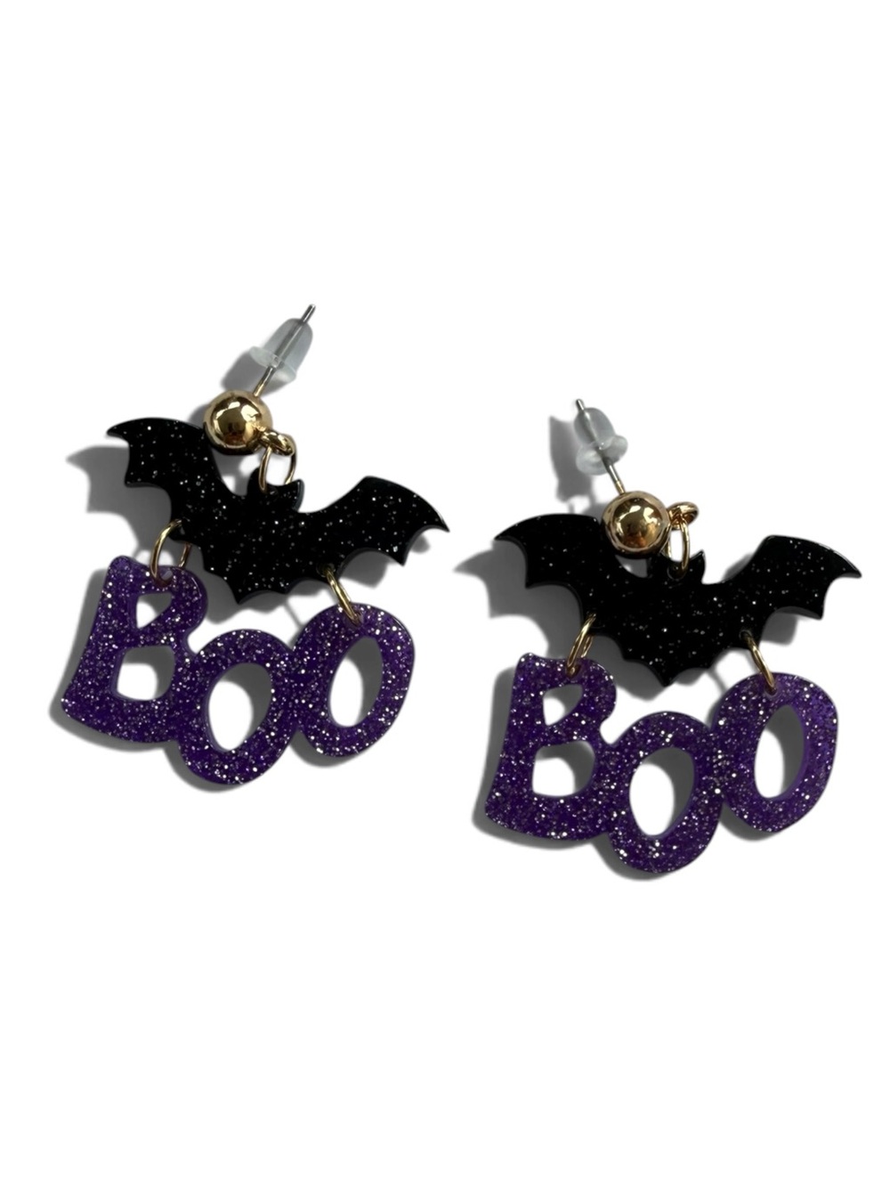 Halloween 'Boo' Bat Drop Earrings - Black & Purple Glitter